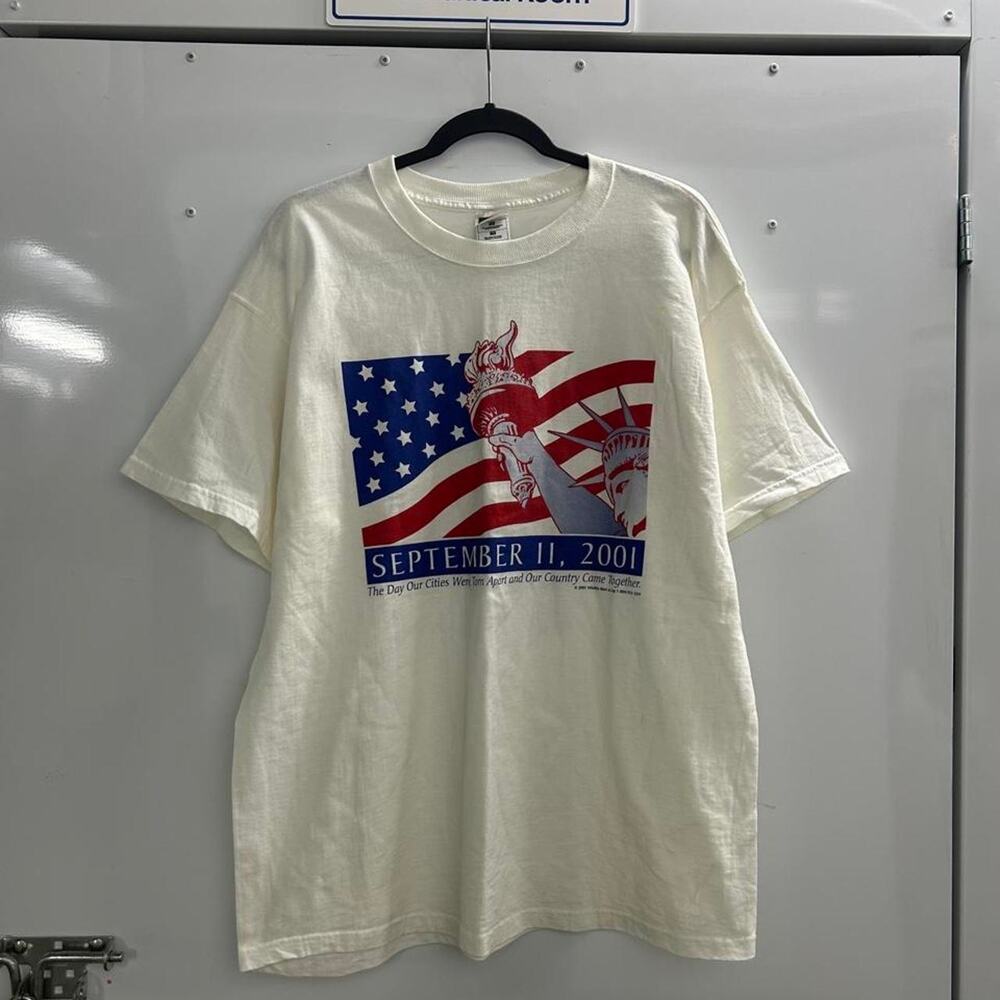 2001 9/11 memorial tee with American flag and Statue of Liberty graphic